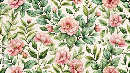 Vintage Watercolor Pink Flower Seamless Pattern, Cute Floral Botany Wallpaper, Botanical Print