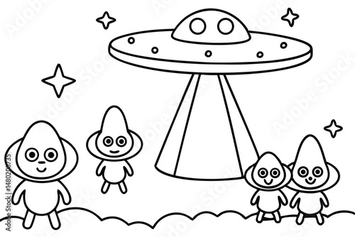 Black line art depicts whimsical aliens and UFO with stars, isolated on transparent background