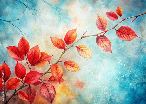 Vintage Watercolor Red Leaves Branches on White, Blue Background Stock Photo