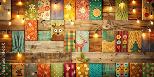 Vintage Wooden Background with Bokeh, Repeating Animal Patchwork Design
