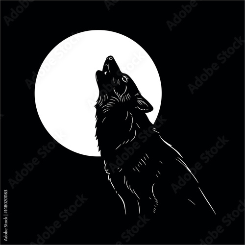 Vector silhouette of wolf with moon on black background
