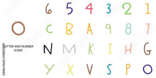 Letter and Number simple concept 24 hand drawn color icons set .Vector illustration.