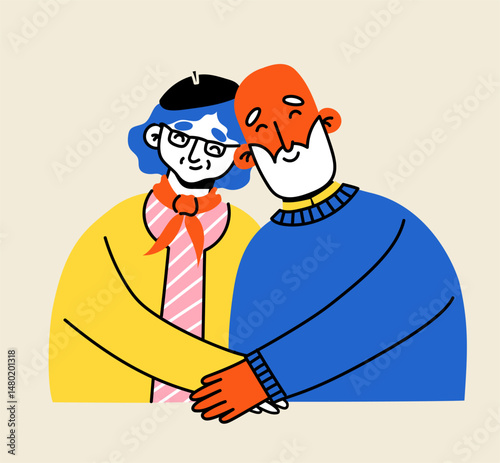 Cute elderly couple. Happy seniors together. Old men and women, spouses. Vector doodle cartoon illustration in flat style