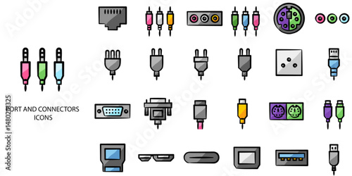 Port and Connectors simple concept 24 hand drawn color icons set .Vector illustration.