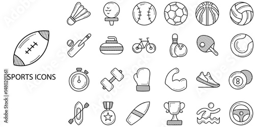 Sports simple concept 24 hand draw icons set .Vector illustration.