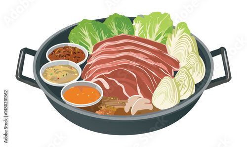 bowl of soup meat and vegetables and spices - vector illustration