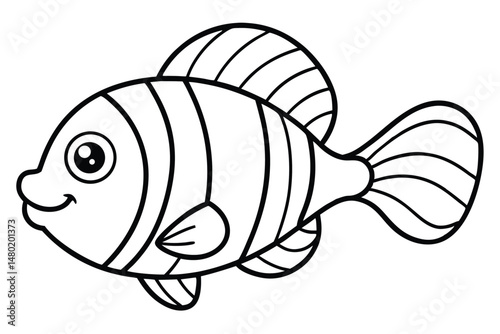 Black outline cartoon fish with stripes and happy expression is ready to swim