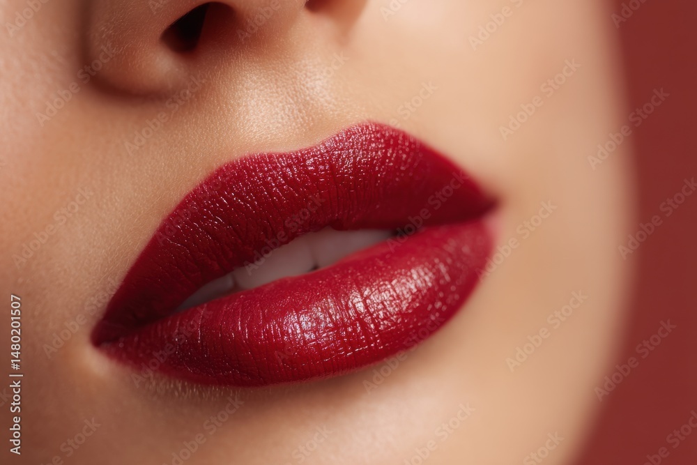 Fototapeta premium Close-up of woman's full red lips with lipstick and perfect skin, demonstrating glamour, sophistication and beauty, against a deep red studio backdrop.