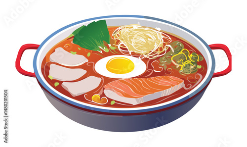 bowl of soup spicy broth and slice meat and salmon and egg - vector illustration