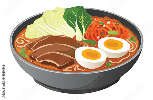 bowl of spicy curry soup with meat egg and vegetables. vector illustration