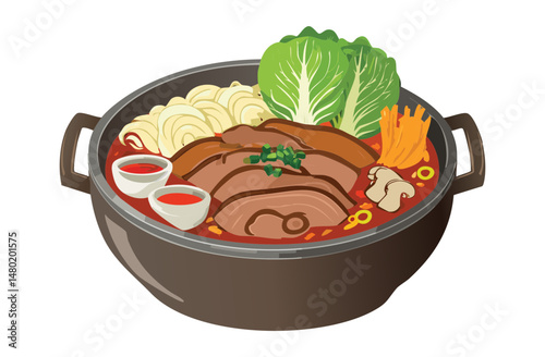 vector illustration of bowl spicy ramen noodles and lice meat - vector illustration
