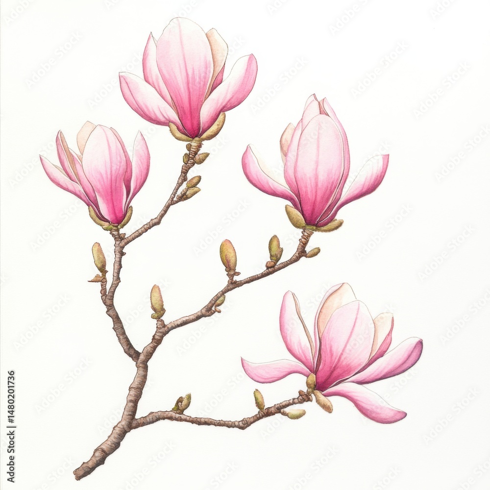 Fototapeta premium Magnolia branch watercolor illustration pink blossoms botanical art close up spring bloom flowering tree
