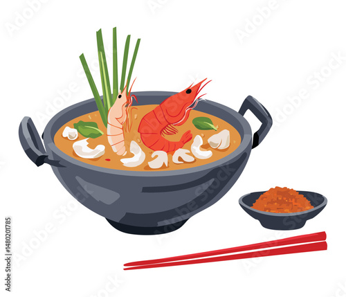 bowl of seafood curry soup and chili powder and chopsticks - vector illustration
