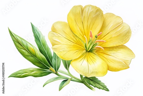 Watercolor Evening Primrose, Yellow Oenothera Flower Botanical Illustration, Isolated White Background