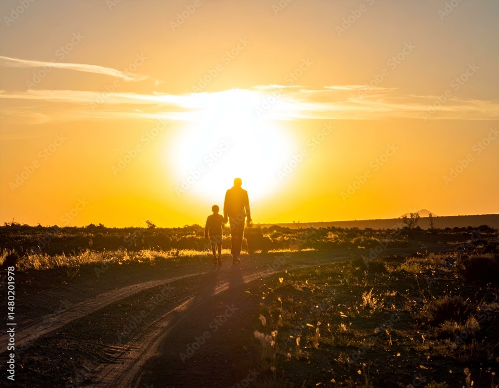 Fototapeta premium Silhouetted father and son walking away into a vibrant sunset. A touching scene of family bonding at golden hour.