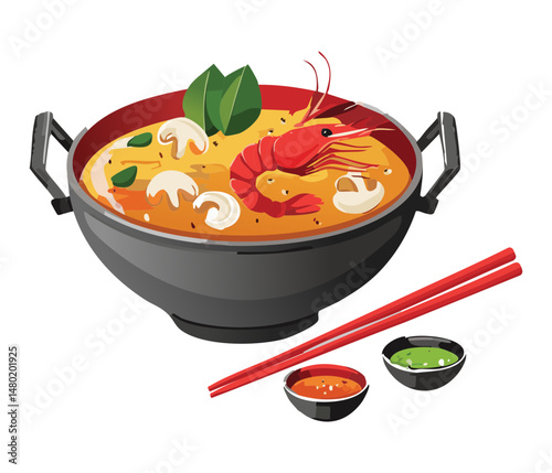Seafood soup with shrimp and chopsticks  - vector illustration