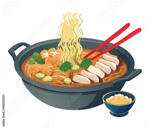 hot pot soup noodles with meat and chopsticks  vector illustration