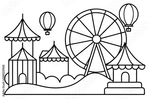 Black outline depicts a fairground featuring a Ferris wheel, tents, and hot air balloons