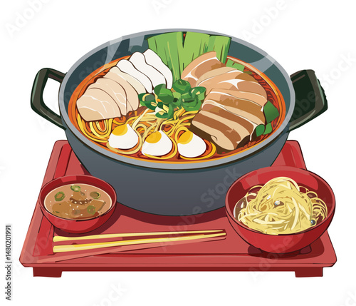 set menu of hot noodle bowl with egg slice meat and dipping sauce - vector illustration