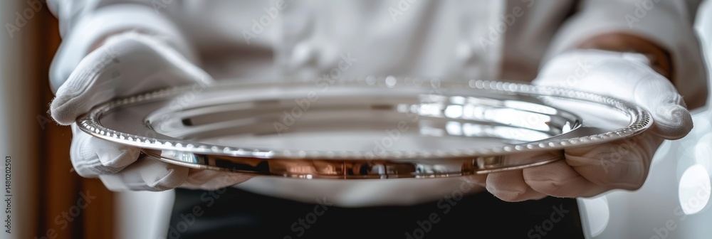 Fototapeta premium Hands in white gloves holding a silver serving tray
