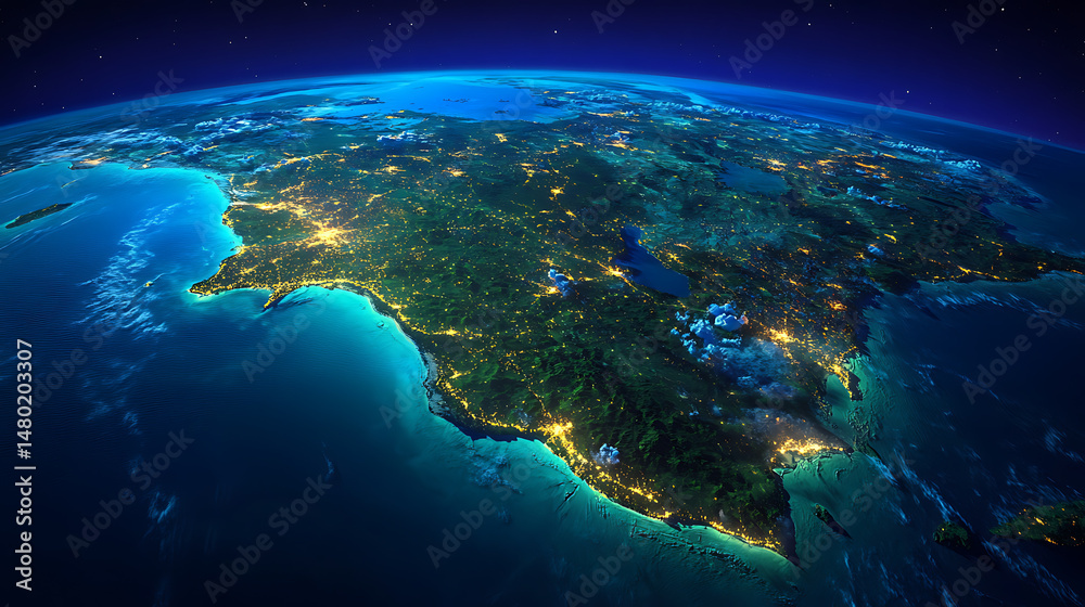 Fototapeta premium Earth view from space: A breathtaking display of city lights illuminating the planet's surface.