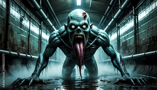 A grotesque, monstrous humanoid with glowing eyes, an extended tongue, and sharp claws emerges menacingly from a foggy, dimly lit underground tunnel