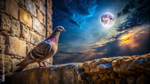 Weathered Stone Dove Night Photography - Serene Bird on Ancient Wall