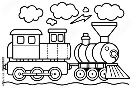 Black outlined cartoon locomotive travels under thunder, water, and clouds for coloring page