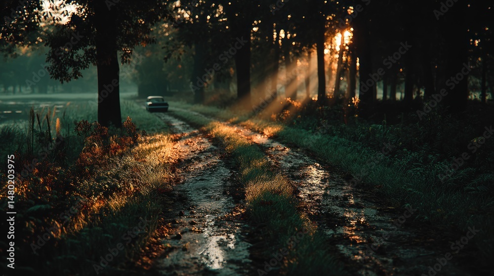 Fototapeta premium Forest road at sunset