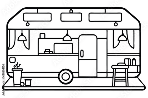 Black outlined food truck showcases a modern interior with barista station and seating area