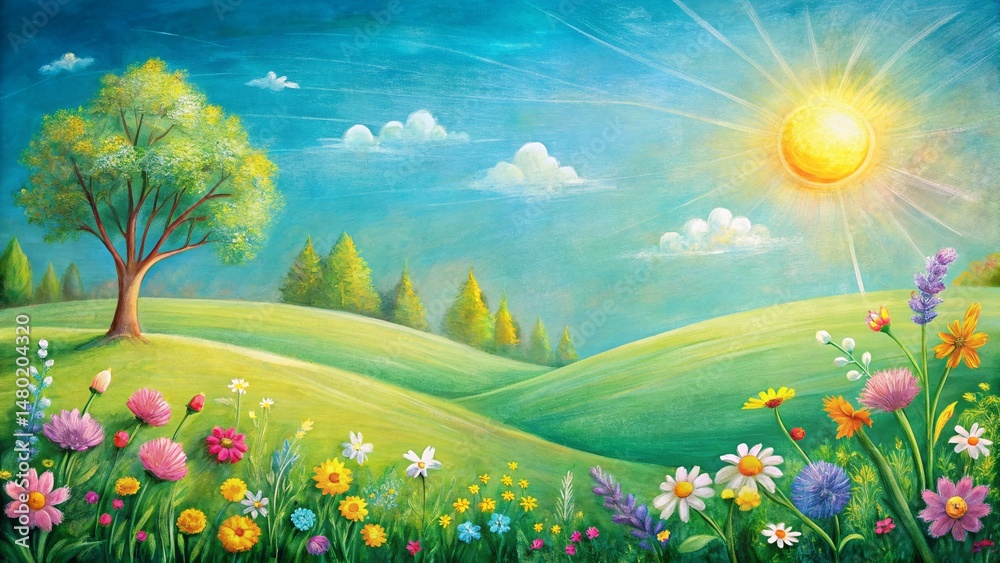 Fototapeta premium Whimsical Chalk Mother's Day Landscape: Hand-Drawn Floral Spring Meadow