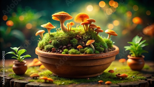 Whimsical Chanterelle Mushroom Garden Pot Drone Aerial Illustration
