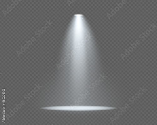 Spotlight beam on dark stage with glowing effect. Vector illustration of bright light ray, projector glow, and transparent shine. Ideal for concert, theater, club, or festive scenes.