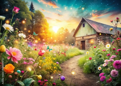 Whimsical Floral Farmyard Long Exposure Doodle Stock Photo