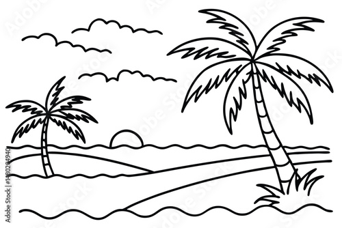 Black outlines show tropical palm trees, wavy ocean and sun rising over horizon
