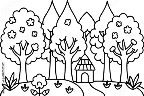 Black outlines sketch shows a cottage nestled among trees, plants, and small mountain