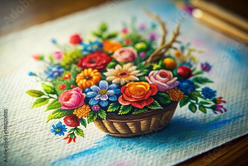 Whimsical Tilt-Shift Botanical Flower Basket: Hand-Painted Floral Drawing