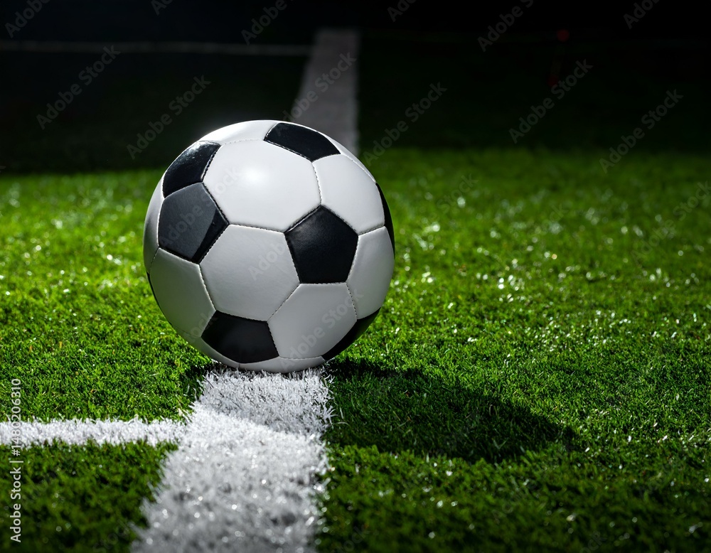 Fototapeta premium Soccer ball on green field near the line. Ready for the game.