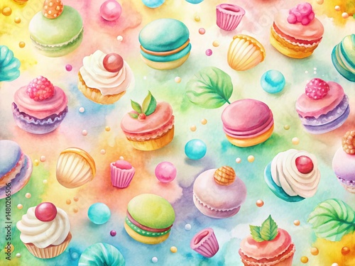 Whimsical Watercolor Dessert Background with Patterned Design - Stock Photo
