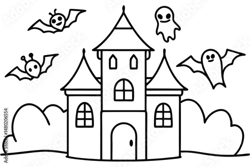 Cartoon castle with ghosts and bats float above the bushes, outlined on white
