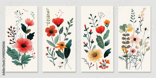 Set of Four Vertical Abstract Floral Illustrations