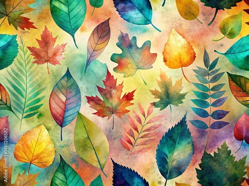Whimsical Watercolor Leaf Silhouette Patchwork Background - Elegant Nature Stock Photo