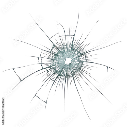 Shattered glass radiating outward with multiple cracks on a black background and blue color in center