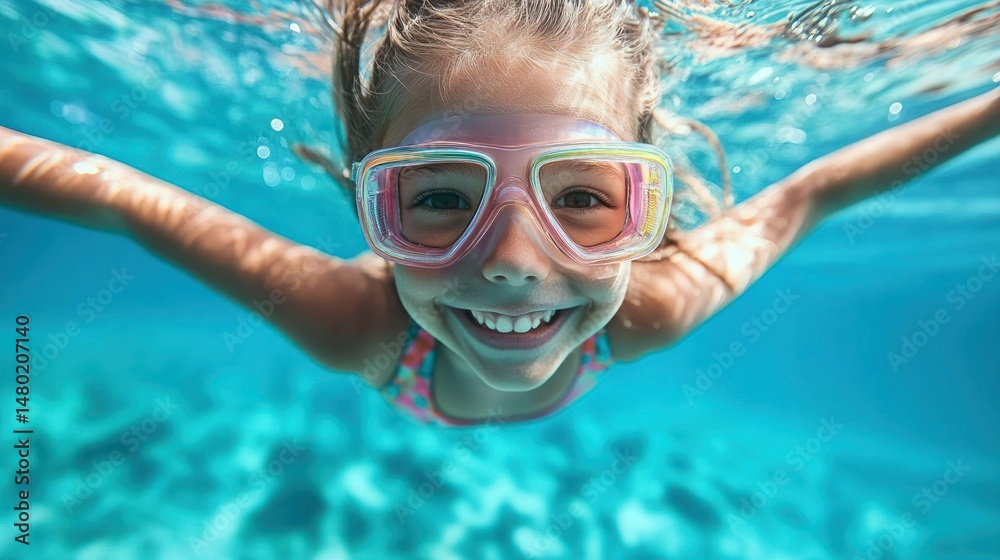 Naklejka premium Child underwater, happy, swimming