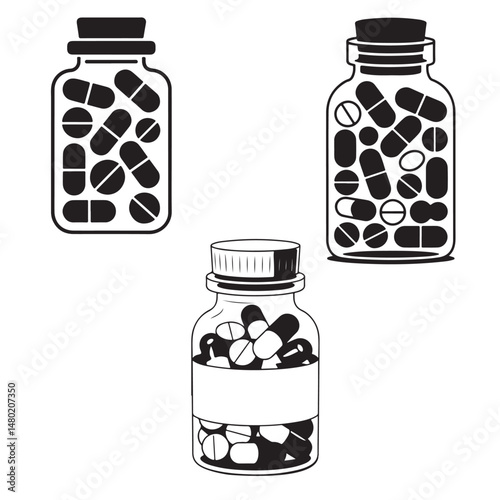 Black Silhouette Medicine Bottles, Black Silhouettes of Medicine Bottles with Pills and Capsules, Jars of Pills and Capsules Medicine Illustration