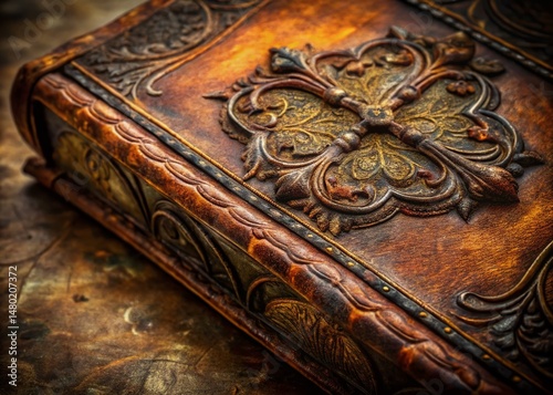 Worn Antique Bible Cover, Religious Background, Panoramic Texture, Aged Leather, Spiritual Pattern