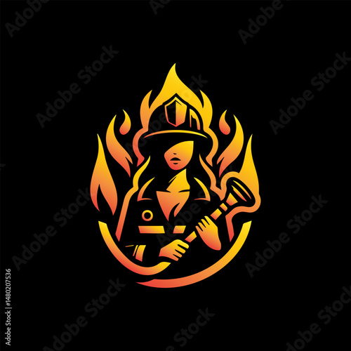 Woman firefighter holding water hose with flame background