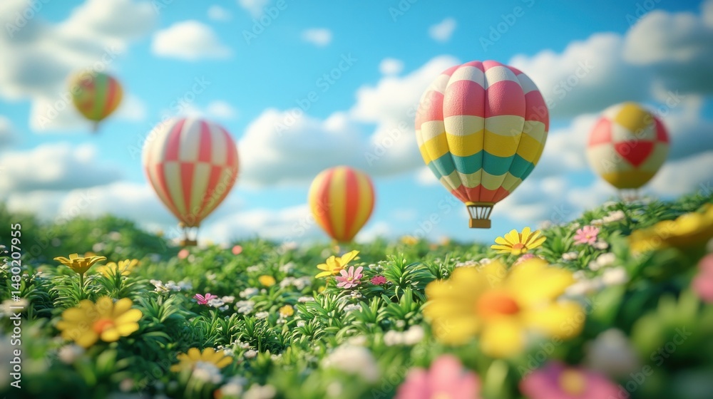 Obraz premium Colorful hot air balloons over a vibrant meadow