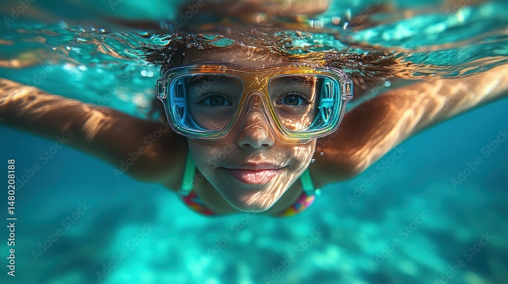 Fototapeta premium Child underwater, swimming, joyful