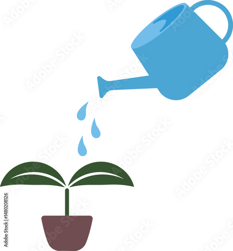 新芽に水やりをする青いジョウロ